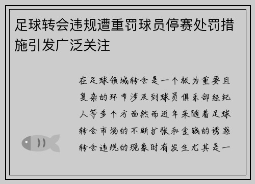 足球转会违规遭重罚球员停赛处罚措施引发广泛关注 足球转会违规遭重罚球员停赛处罚措施引发广泛关注