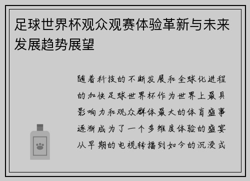 足球世界杯观众观赛体验革新与未来发展趋势展望 足球世界杯观众观赛体验革新与未来发展趋势展望
